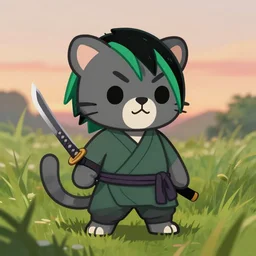 cute male grey anthropomorphic panther human, green and black hair, wielding a katana, wearing ninja clothing, standing in tall grass, at dawn