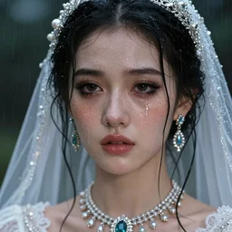 ilyana vyulnika as a young wet bride in the dark, heavy makeup, crying eyes, tears, leaked mascara, lipgloss, portrait, closeup, cute freckles, gloss effects, and exaggerated proportions, intricate jewelry, after rain, digital art by julia razumova and mel milton, trending on artstation, 4 k high quality