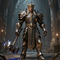 detailed realistic face full body portrait octane render of a muscular beautiful giant in daedric - armor, electricbattlehammer, ultra wide shot, on an medieval gothic street, in the style of greg rutkowski and hans zatzka, digital art, sharp focus, highly realistic, exquisite ornate metal gothic icon heavy patina, delicate, enchanting, otherworldly, ethereal, mythology, mystical
