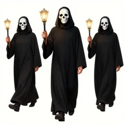pop art of cultists wearing black robes and skull masks with a lamp on their right hand walking on a burning field during the night, bright neon colors, intricate details, complementary colors, detailed face, backlighting, octane render, depth of field, extremely detailed, trending in artstation, focus on face, sharp focus, radiant light, beautiful composition, drawn by roy lichtenstein, keith haring, romero britto