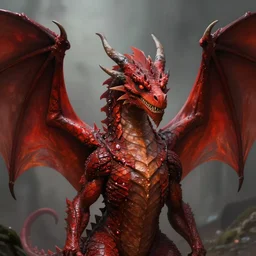 close up painting of a creepy red dragon with giant open wings and a snobby smile. extremely detailed. majestic. beautiful. medieval. 4 k. award - winning. epic lighting