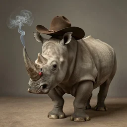 a  rhino with a cowboy hat smoking a pipe . daguerreotype.