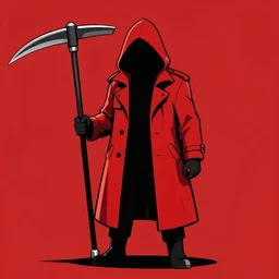 Red hooded trench coat faceless person holding a scythe in a red background, cartoon style