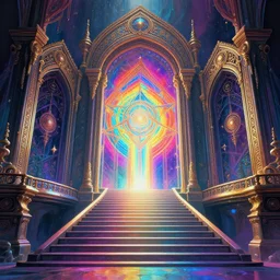 staircase towards a otherworldly sacred geometry entrance into another universe, majestic occult gates, magical weird, strange fantastic, cyberpunk, by gertrude abercrombie, digital art, artstation, rainbow colors by gertrude abercrombie