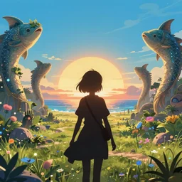 a backlit silhouette anime girl facing towards an enchanted isekai sunset on the savanna with an ocean in the background. giant catfish statues on each side, a lush oasis, anime aesthetic, bright blue and cyan sky. by greg rutkowski