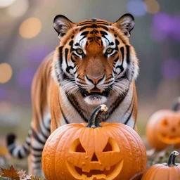 sweet beautiful tiger, ethereal, pumpkin, bokeh, vibrant palette, digital art, diffused lighting