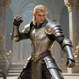 picture of a handsome male elf paladin in a temple, ornamental armor, holy themed, platinum and brass, fighting stance, high fantasy, detailed face, highly detailed, sharp focus, smooth, digital illustration, by clyde caldwell
