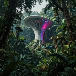a lush jungle arthur haas and bruce pennington and john schoenherr, cinematic matte painting in the style of glitch art, minimal modern pixel sorting, zaha hadid building, photo realism, neon lights, dark moody color palate,