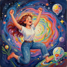 A colorful painting of a joyful artist playing with her creativity in the infinite loving universe by Brenda Zlamany and Craig Wylie, Trending on artstation