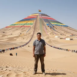 2 0 7 7 human on mountain on front of the camera, desert on the background with a lot of people waving two color flags, colossal scale, trending artstation