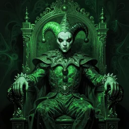 portrait of wild jester figure in front of the throne, somber ambience, in style of dark fantasy art, in style of Midjourney, stylized, detailed and intricate, mandelbulber fractal, elegant, ornate, horror, elite, ominous, haunting, beautiful digital painting, cinematic, cgsociety, Zdizslaw Beksinski, James jean, Noah Bradley, Darius Zawadzki, vivid deep green colors and vibrant outlines