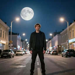 In a city of Norilsk on the Moon, a Mysterious man is standing in the middle of a street photo by Trent Parke, bright lights, a city on the Moon