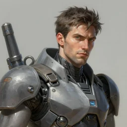 a man wearing a mech suit, we can see his head, diffuse lighting, fantasy, highly detailed, photorealistic, digital painting, artstation, illustration, concept art, smooth, sharp focus, in the style of tom bagshaw
