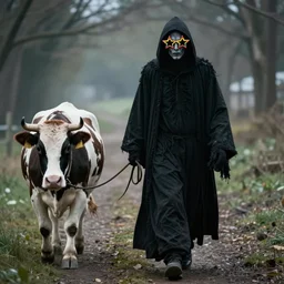 grim reaper wearing rainbow shaped star glasses walking a cow on a leash