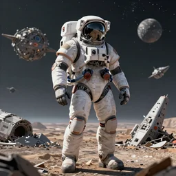 portrait of a mecha astronaut alone on a distant planet with spaceship destroyed, octane render, trending on artstation, hyperrealistic, character photography