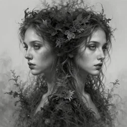 intricate foliage gothic beauty double exposure portrait, artstation, tony sart, photorealism, grayscale, otherworldly fantasy illustration, by artgerm