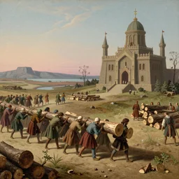 this historical artwork from the 1 7 9 0 s shows a full wide shot scene from a fantasy empire that combines scandinavian and middle eastern traditions. the image depicts a team of workers lugging lumber across a desolate landscape because lumber is this empire's primary export.