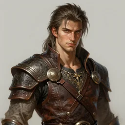 portrait of a young, ruggedly handsome swordsman, soft hair, muscular, half body, leather, hairy, d & d, fantasy, intricate, elegant, highly detailed, digital painting, artstation, concept art, smooth, sharp focus, illustration, art by artgerm and greg rutkowski and alphonse mucha