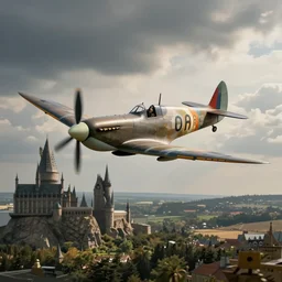 A Spitfire plane flying over Hogwarts