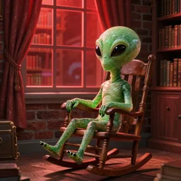green alien sitting on a rocking chair looking the red light through the windows, brick house, library, curtains, hyperdetailed, artstation, cgsociety, 8 k