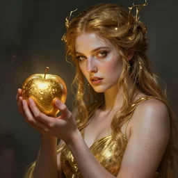 portrait of eris, the greek goddess of chaos, holding an apple covered in reflective gold!!!!, digital art, cinematic lighting, digital concept art by wlop, artgerm, james gurney, greg rutkowski