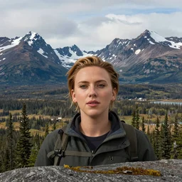 Scarlet Johansson headshot portrait photo in outdoors Alaska wilderness in summer with mountainous background as seen from scenic viewpoint. panorama view.