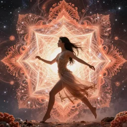 ridiculously beautiful young asian woman tripping by irakli nadar, layers of coral and light fractals radiating behind with sacred geometry, cosmic, natural, awakening, symmetrical, in the style of ernst haeckel and alex grey, effervescent, warm, photo realistic, epic and cinematic