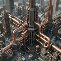 high - res photograph of an elaborate unreal render of a apocalyptic intricate connected city of tubes and pipes, muted colors, copper pipers, by jan van haasteren and jheronimus bosch, unreal engine, physically based rendering, 8 k, 4 k, ariel view, tilt - shift, shiny, industrial, water, smoke, reflective, cinematic, isometric, beksinski