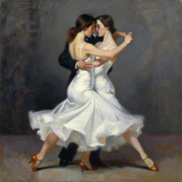 sensual tango dancer girl in white dress, painting by phil hale, fransico goya,'action lines '!!!, graphic style, visible brushstrokes, motion blur, blurry, visible paint texture, crisp hd image
