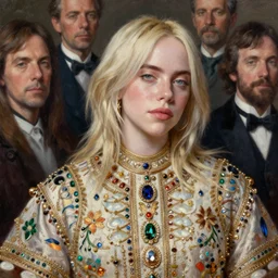billie eilish extra perfectness women, close - up, expansive dress with treasure's, gorgeous, extremely high details quality, bao phan, viktor safonkin, bruce pennington, larry elmore, norman rockwell, intricate, hyperrealistic oil painting on canvas, deep depth field, hd, hdr, 4 k, 8 k