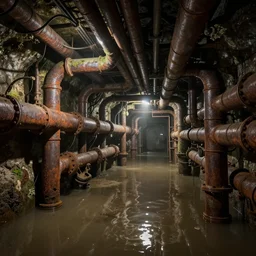 deep underground bunker, flooded, dirty water, dense rusty pipes network, dense cables network, mold