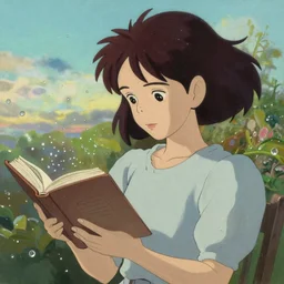 beautiful girl reading a book, early morning, drops around, particles, shiny, Studio Ghibli, animated, illustrated, vibrant, by Greg Rutkowski, artstation, oil painting, detailed, 4k, colorful