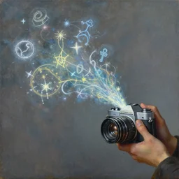 painting of magical spells pouring out of a vintage camera by ilya repin, craig mullins