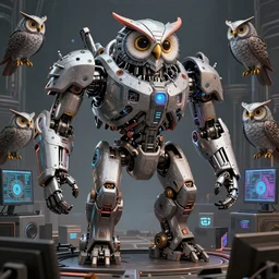 an army of evil, malevolent, giant robot mechanical owls surrounded by computers and computer screens. this 4 k hd image is trending on artstation, featured on behance, well - rendered, extra crisp, features intricate detail and the style of unreal engine. volumetric lighting octane render