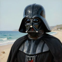 portrait of darth vader at the beach, painting by rene magritte, high detail, high resolution