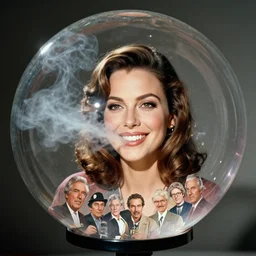 smirking 1970 Mila Kunis reflected in a reflective bubble, puffs of smoke, Ludek Pesek, Rick Guidice, Chesley Bonestell, Lucien Rudaux, Rolf Klep, Fred Freeman, George Pal
