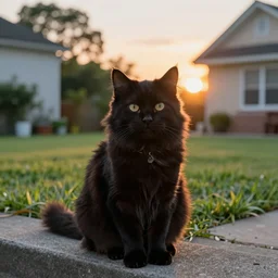a fluffy cute black cat sitting on the corner of a front yard outside in the late afternoon on a beautiful summer day, sunset