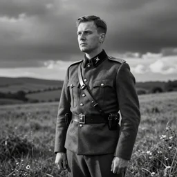 Official photograph of a male WWI officer, realistic black and white.