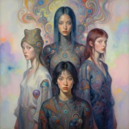 art by yoko d'holbachie feat naoto hattori, caitlin hacket and hannah yata featuring archan nair. visionary psychedelic fineart painting. gigapixel resolution. intricate detailed. beautiful dramatic cinematic. in the style of subject zero. hyperrealistic render. dreamy blurry pastel aquarel background.