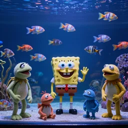 a cast of aquatic puppets based on real fish and aiming to bring awareness to ocean pollution, in the style of muppets, in an aquarium, lighting from spongebob the musical on broadway, real, photograph, cinematic