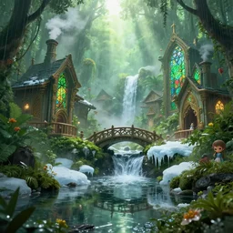 aztec jungle village, ornate, beautiful, atmosphere, vibe, mist, smoke, chimney, rain, reflection, pristine, puddles, waterfall, melting, dripping, snow, creek, lush, ice, bridge, green, stained glass, forest, flowers, concept art illustration, color page, 4 k, tone mapping, doll, akihiko yoshida, james jean, volumetric lighting, sunbeams, particles, trending on artstation
