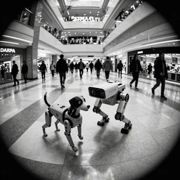 camera footage of a Dog Robot hunting people in an abandoned shopping mall, high exposure, dark, monochrome, camera, grainy, CCTV, security camera footage, timestamp, zoomed in, fish-eye lense, Robot, Drone, Intense, Darpa,