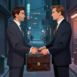 two businessmen handing over a briefcase, detailed digital illustration by thomas kinkade, cyberpunk back alley, nighttime