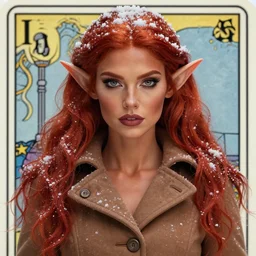 portrait of a sexy elf wearing a wintercoat, red hair, brown skin, snow, sharp focus, award - winning, masterpiece, highly detailed, intricate. art by rebecca guay, rossdraws, tarot card