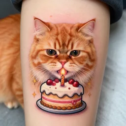 orange persian cat eating a birthday cake tattoo design