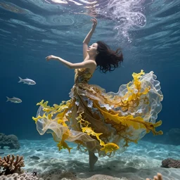 woman dancing underwater wearing a long flowing dress made of many translucent layers of gold and silver lace seaweed, bolts of bright yellow fish, delicate coral sea bottom, swirling silver fish, swirling smoke shapes, cycles render, caustics lighting from above, cinematic, hyperdetailed
