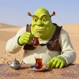 Shrek drinking moroccan tea in the desert