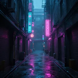 A cyberpunk alleyway in a storm Neon lights, Volumetric Lighting, Octane Render, 8K, hyper realism
