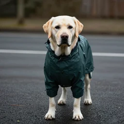 a Labrador in a raincoat, mid day, Canon 43mm hard light