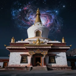a temple in himalayas, night scene, cosmic background, octane render, cinematic, photographic, realistic, highly detailed